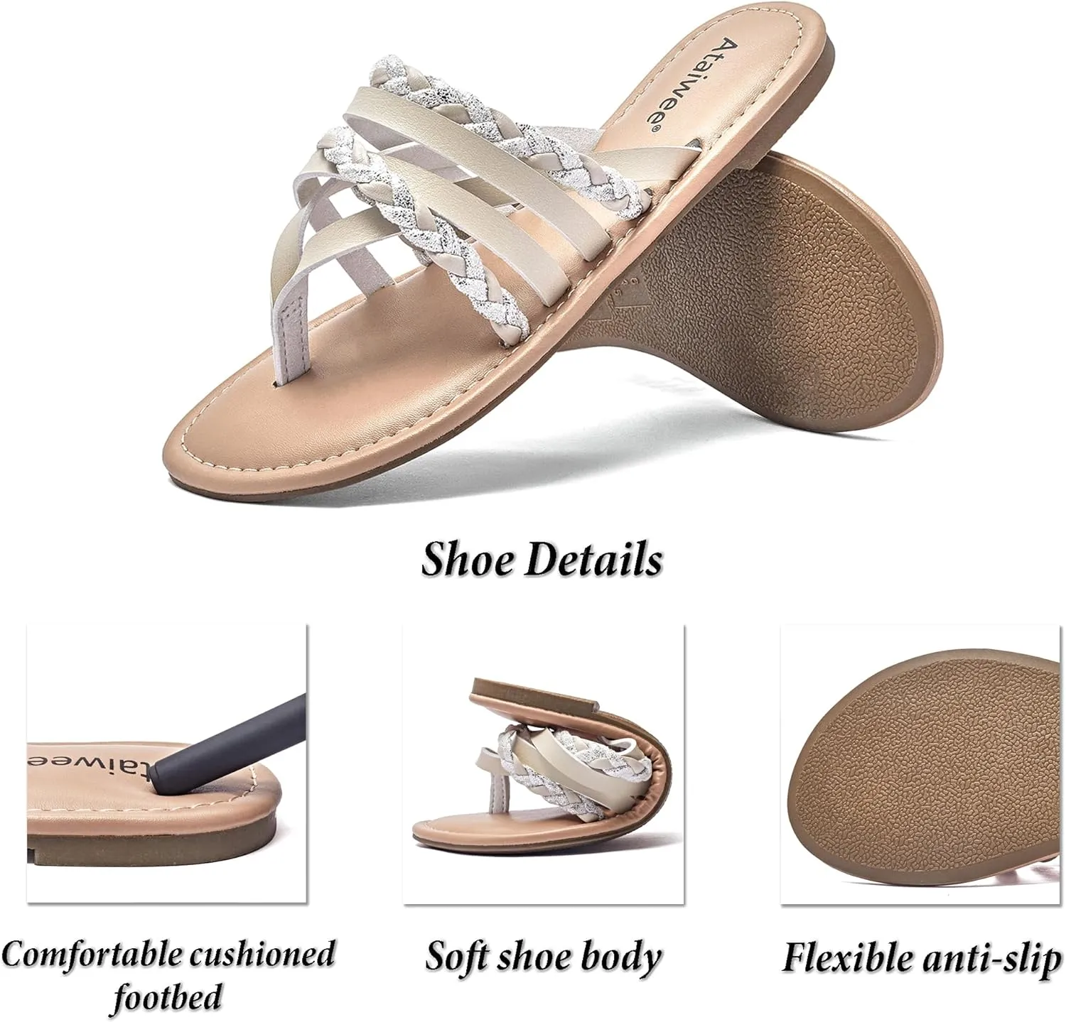 Ataiwee Women's Slide Flat Sandals - Comfortable Slip On Plait Toe Thong Strappy Spring Summer Shoes.