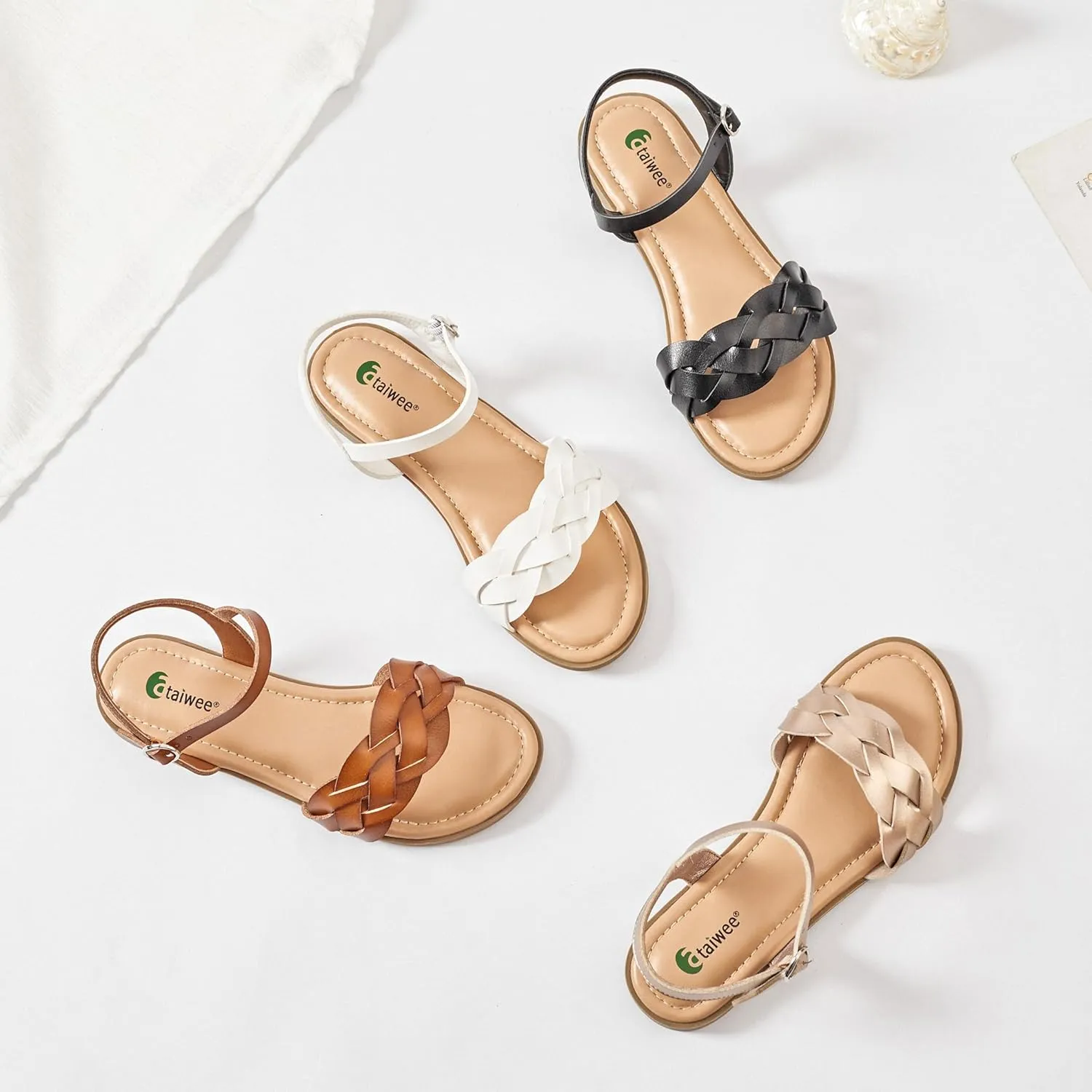 Ataiwee Women's Slide Flat Sandals - Comfortable Slip On Plait Toe Thong Strappy Spring Summer Shoes.