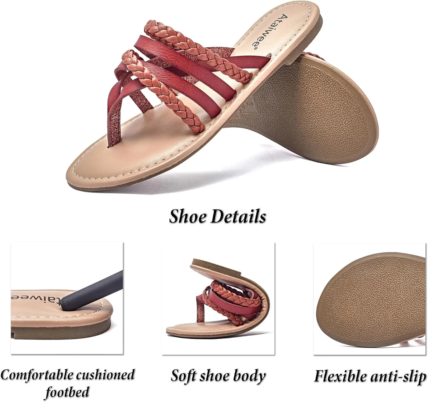 Ataiwee Women's Slide Flat Sandals - Comfortable Slip On Plait Toe Thong Strappy Spring Summer Shoes.