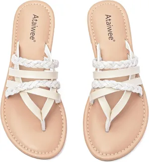 Ataiwee Women's Slide Flat Sandals - Comfortable Slip On Plait Toe Thong Strappy Spring Summer Shoes.