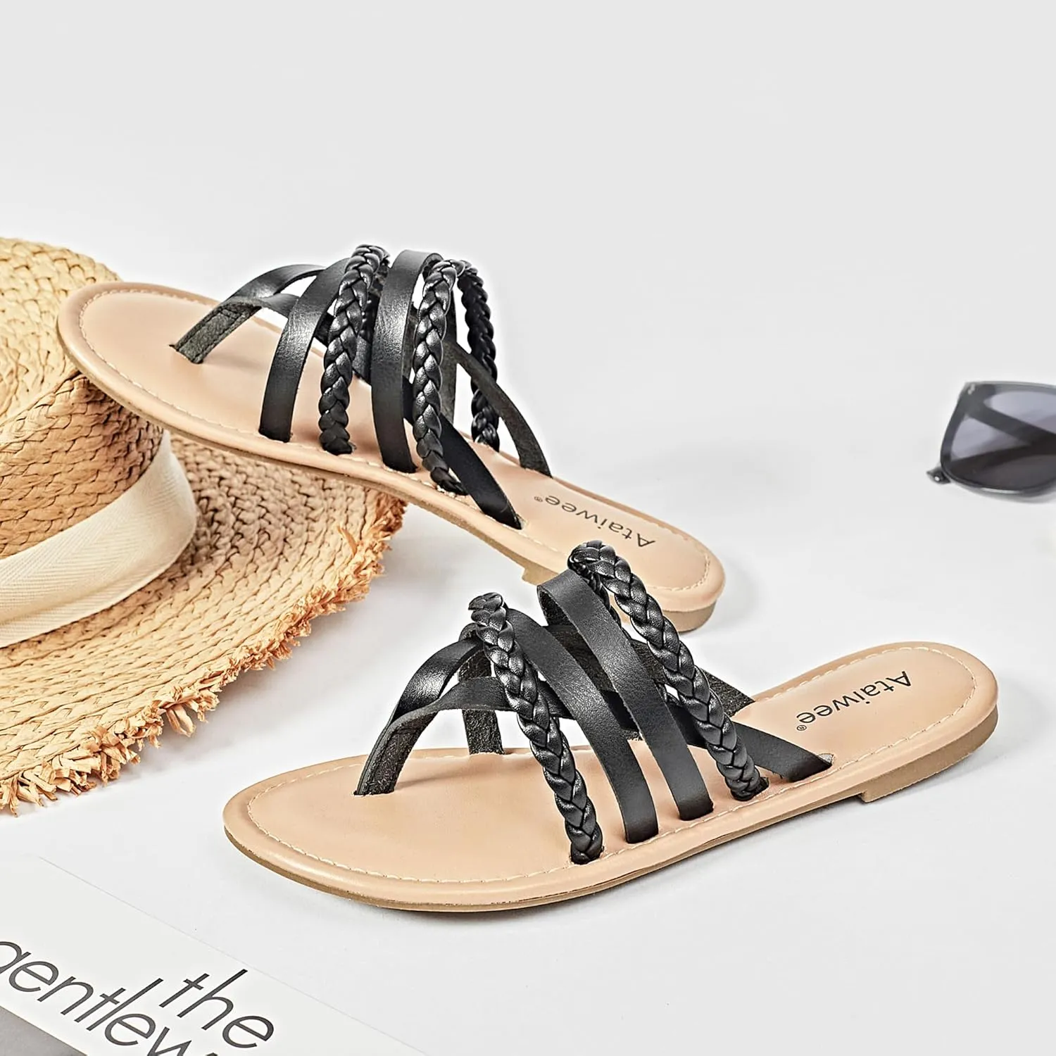 Ataiwee Women's Slide Flat Sandals - Comfortable Slip On Plait Toe Thong Strappy Spring Summer Shoes.