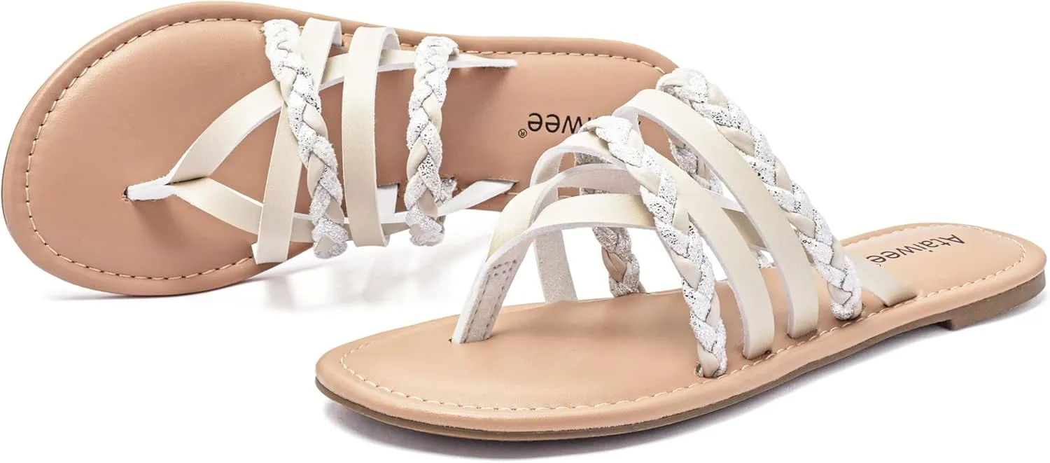Ataiwee Women's Slide Flat Sandals - Comfortable Slip On Plait Toe Thong Strappy Spring Summer Shoes.