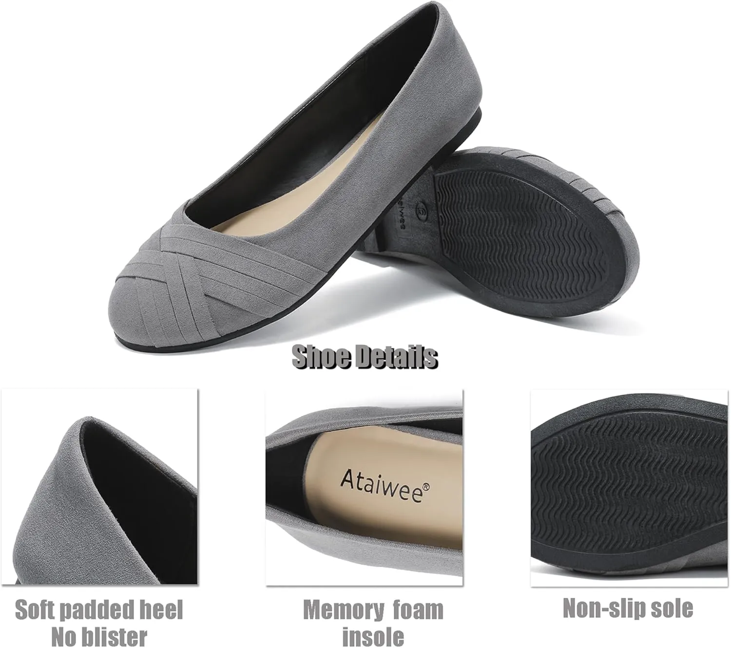 Ataiwee Women's Wide Width Flats Shoes - Casual Comfortable Round Toe Plus Size Ballet Shoes.