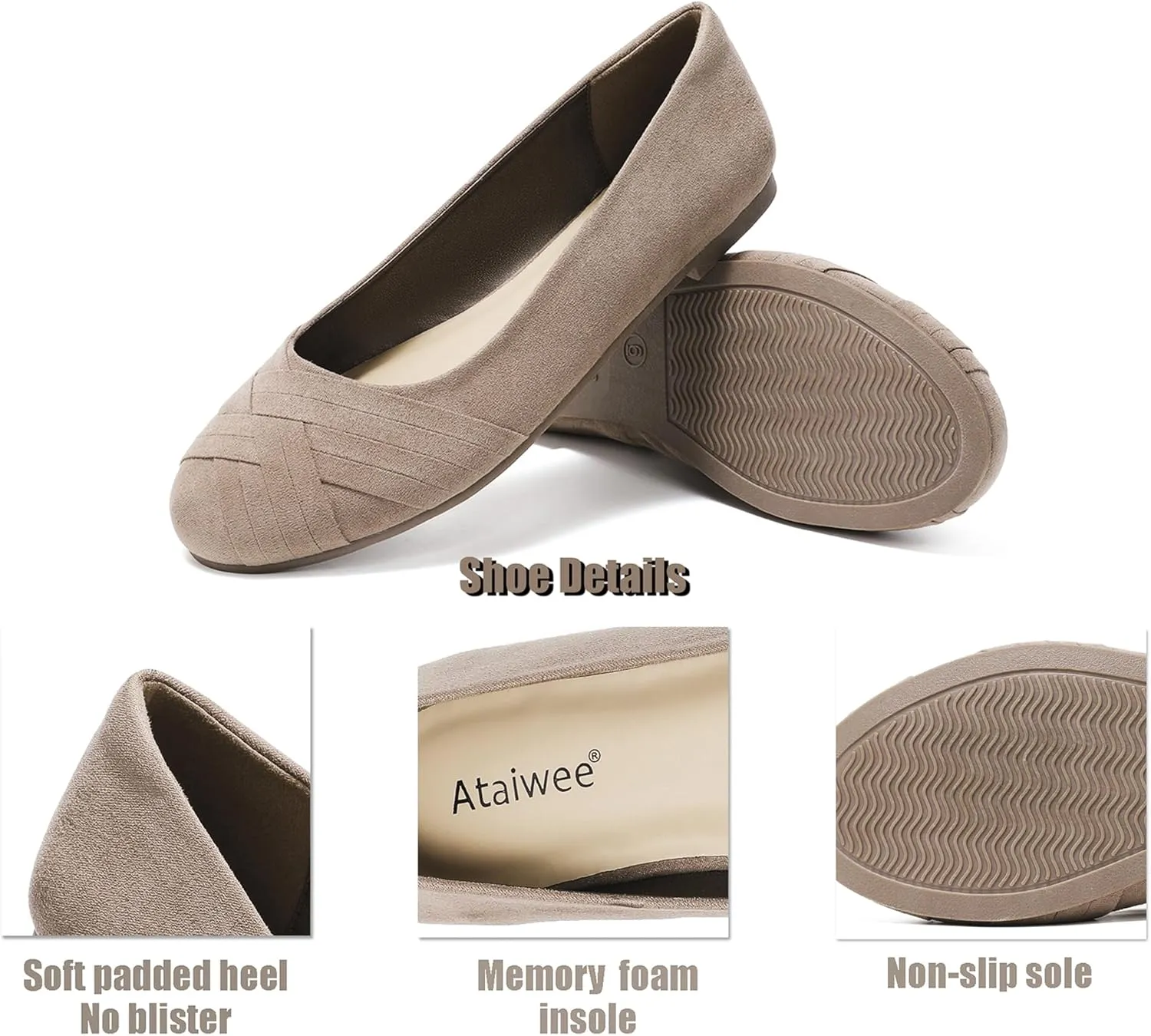 Ataiwee Women's Wide Width Flats Shoes - Casual Comfortable Round Toe Plus Size Ballet Shoes.