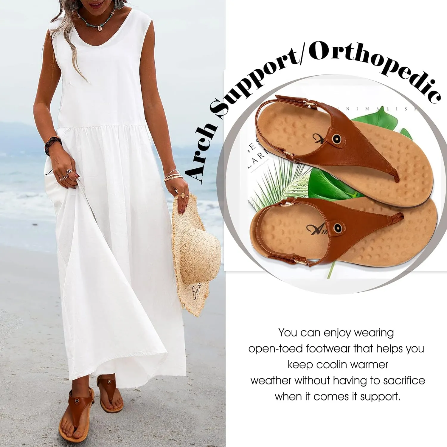 Athlefit Women's Comfortable Orthopedic Sandals Thong Dressy T-Strap Orthotic Casual Summer Arch Support Sandals