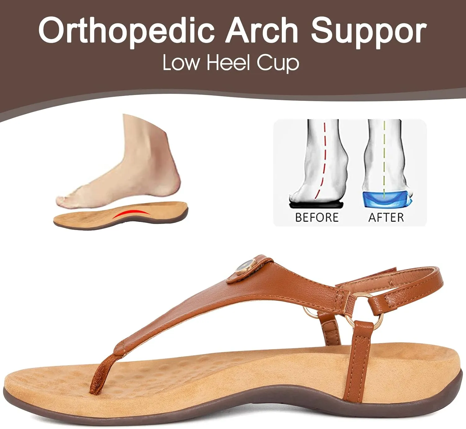 Athlefit Women's Comfortable Orthopedic Sandals Thong Dressy T-Strap Orthotic Casual Summer Arch Support Sandals