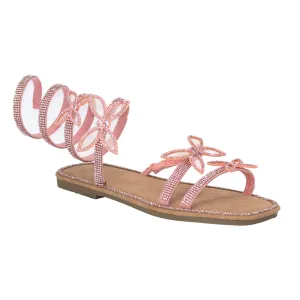 Atlanta - Embellished Spiral Coil Strap Flat Sandals, Rhinestone Butterfly Details, Glamorous Summer Footwear, Lightweight for Casual Outings