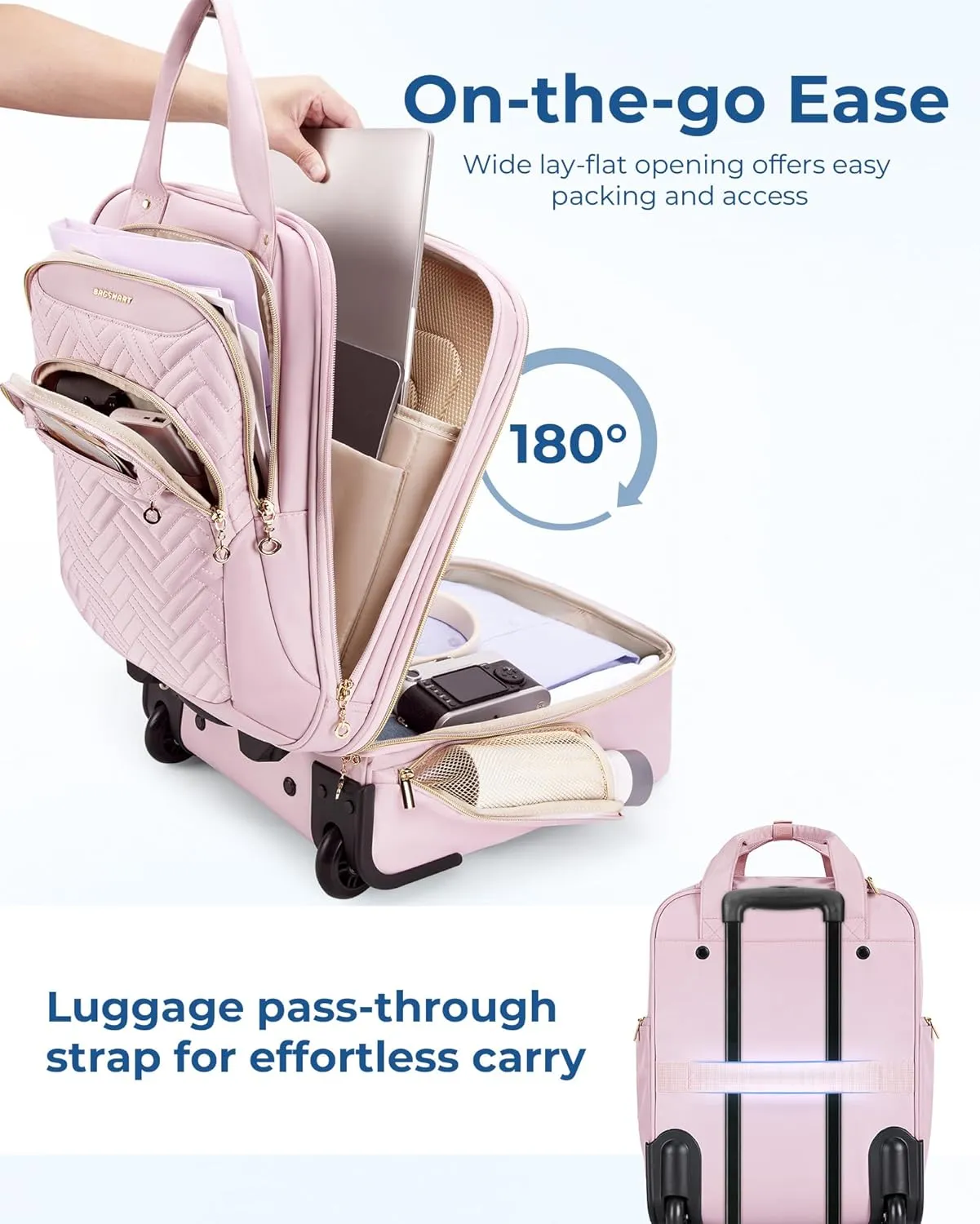 BAGSMART Underseat Carry On Luggage Airline approved,16-inch Underseater Softside Travel Suitcase with Wheels Lightweight Overnight Rolling Carry-on Luggage for Women Men Weekender, Pink
