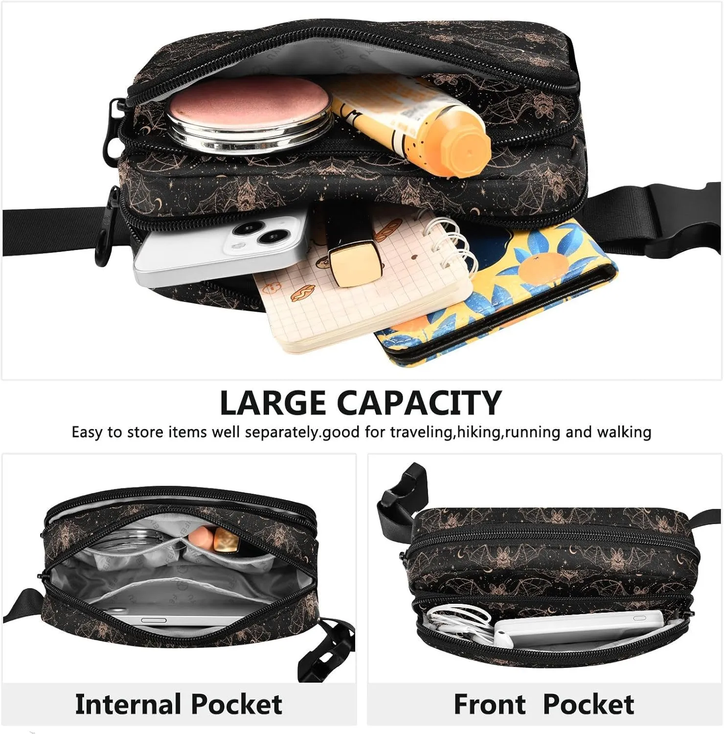 Bats Moon Fanny Packs for Women & Men Waterproof Waist Pack Fashion Casual Crossbody Bags Hip Bum Bag with Adjustable Strap Hands Free for Outdoors, Hiking, Running, Travel