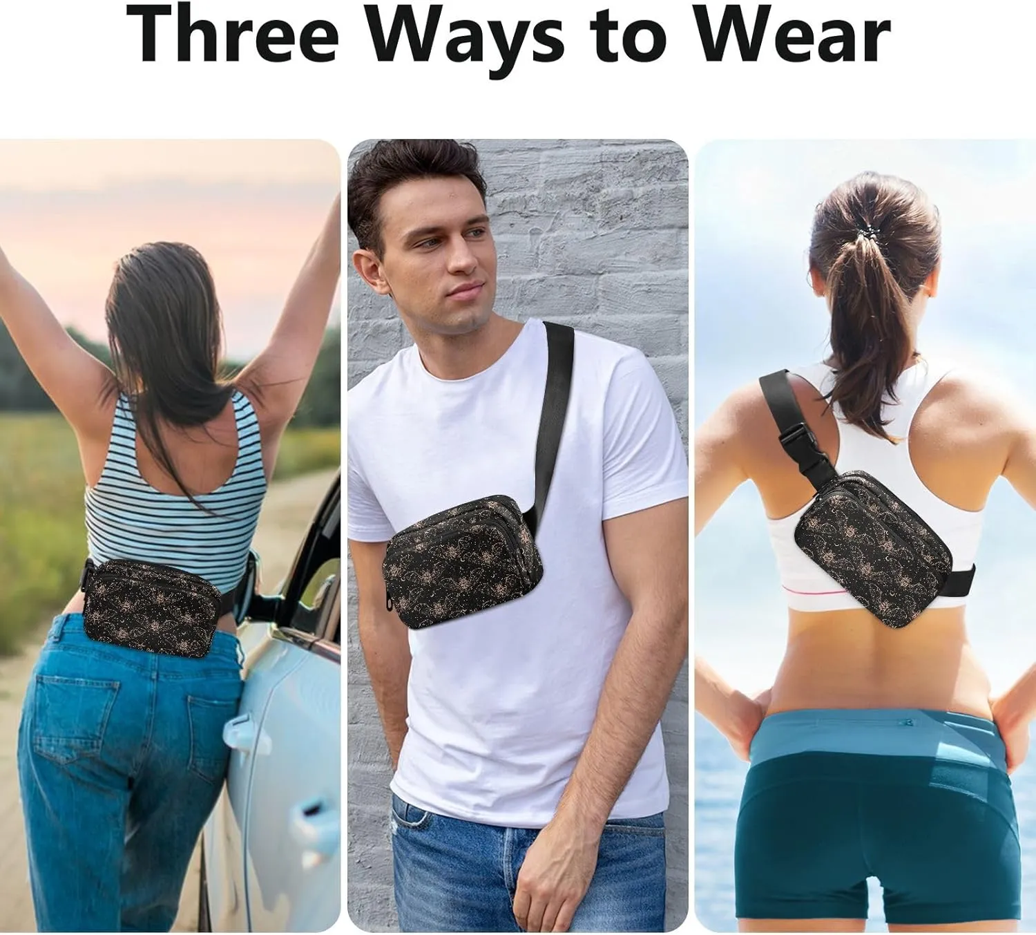 Bats Moon Fanny Packs for Women & Men Waterproof Waist Pack Fashion Casual Crossbody Bags Hip Bum Bag with Adjustable Strap Hands Free for Outdoors, Hiking, Running, Travel