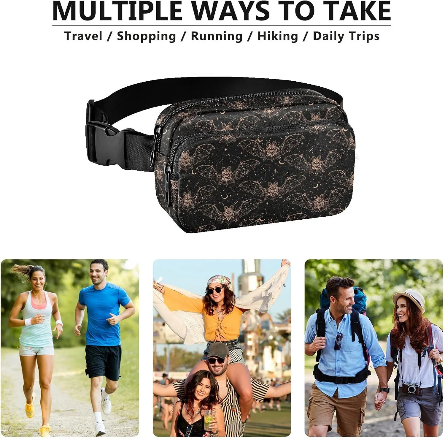 Bats Moon Fanny Packs for Women & Men Waterproof Waist Pack Fashion Casual Crossbody Bags Hip Bum Bag with Adjustable Strap Hands Free for Outdoors, Hiking, Running, Travel