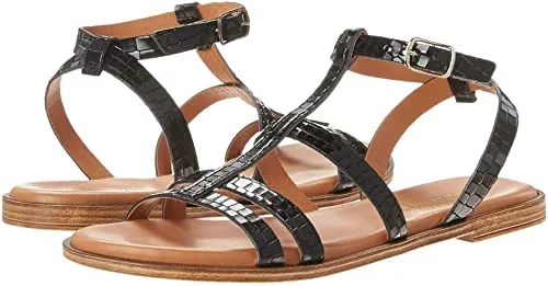 Bella Vita Made in Italy Women's Strappy Sandal Flat, Black Croco Italian Leather, 6 Wide