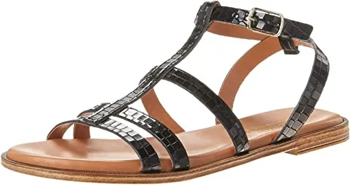Bella Vita Made in Italy Women's Strappy Sandal Flat, Black Croco Italian Leather, 6 Wide