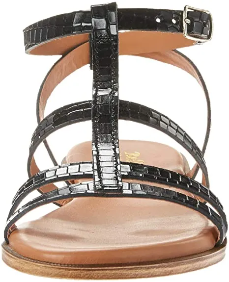 Bella Vita Made in Italy Women's Strappy Sandal Flat, Black Croco Italian Leather, 6 Wide
