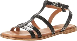 Bella Vita Made in Italy Women's Strappy Sandal Flat, Black Croco Italian Leather, 6 Wide