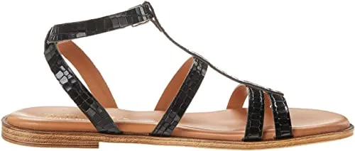 Bella Vita Made in Italy Women's Strappy Sandal Flat, Black Croco Italian Leather, 6 Wide