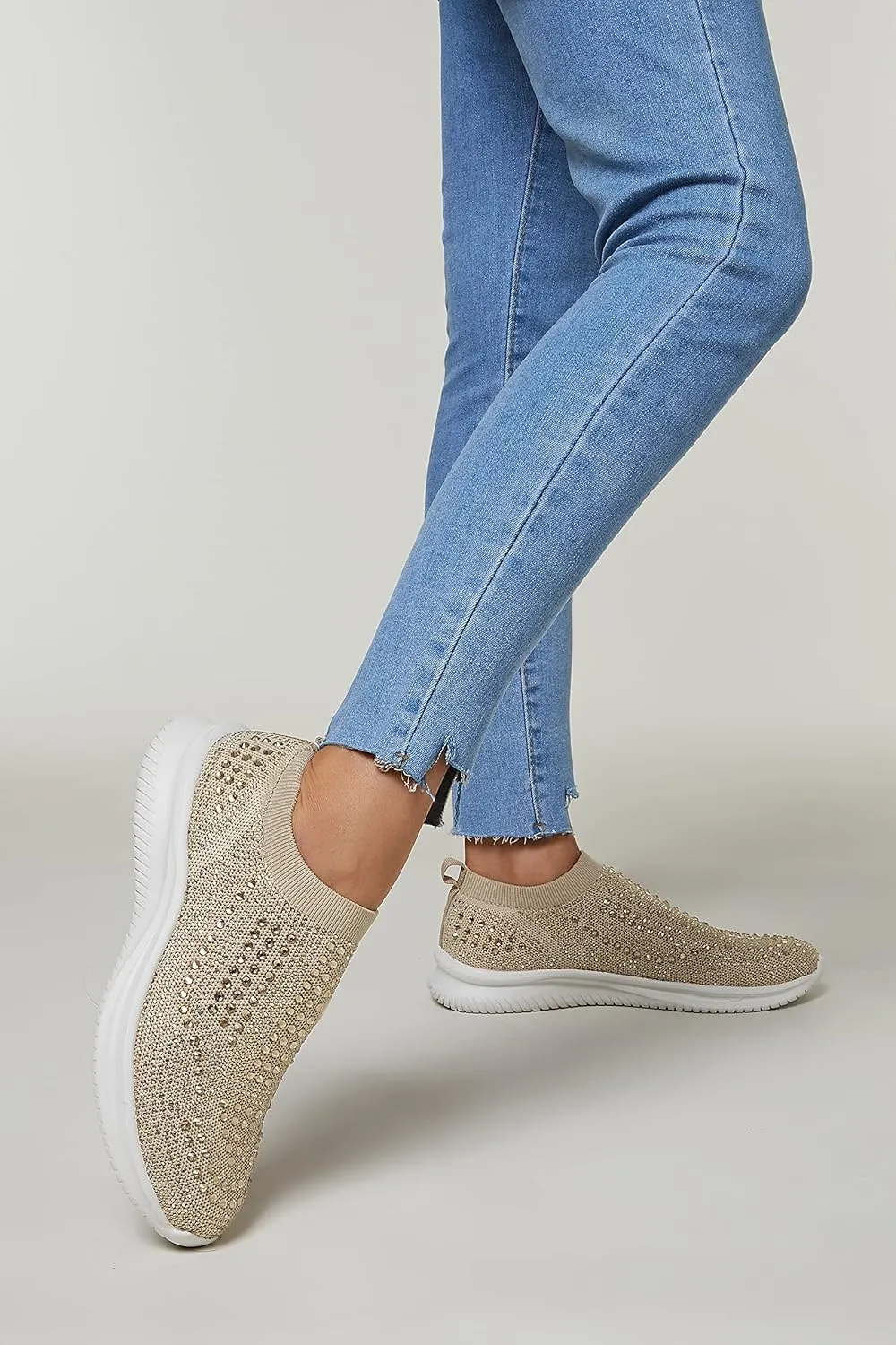 BELOS Women's Rhinestone Mesh Slip On Walking Shoes Fashion Breathable Spakle Glitter Sneaker