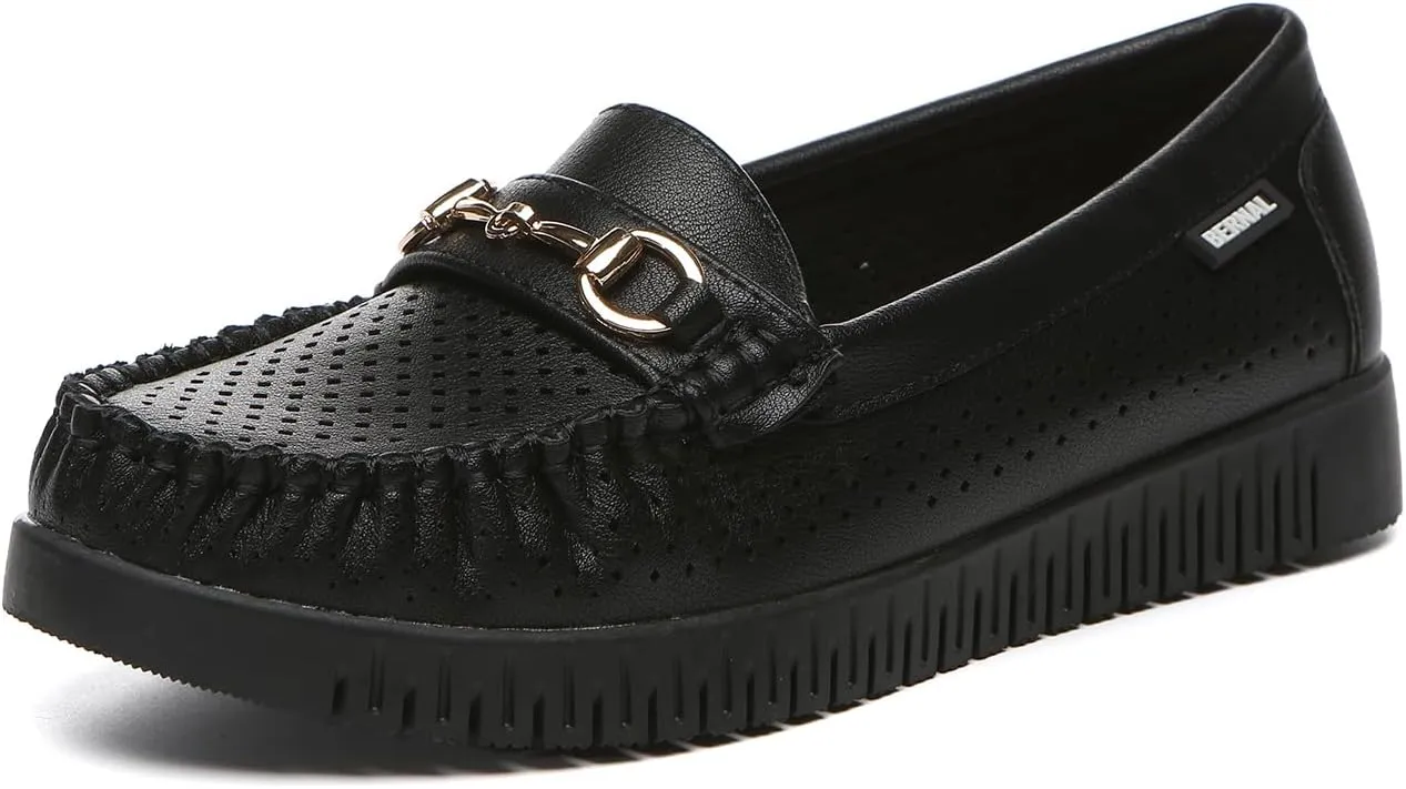 Bernal Loafers for Women Slip On Penny Loafers Hollow Out Breathable Slip On Flat Shoes Work Walking Shoes with Buckle