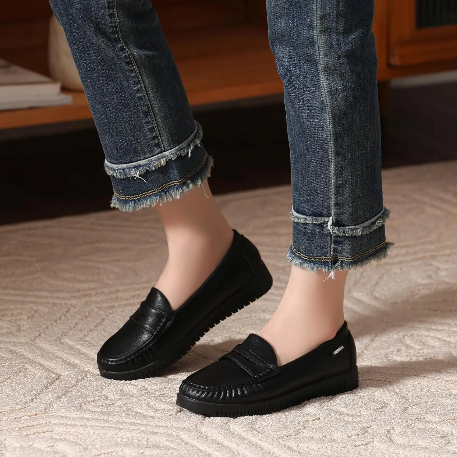 Bernal Loafers for Women Slip On Penny Loafers Hollow Out Breathable Slip On Flat Shoes Work Walking Shoes with Buckle