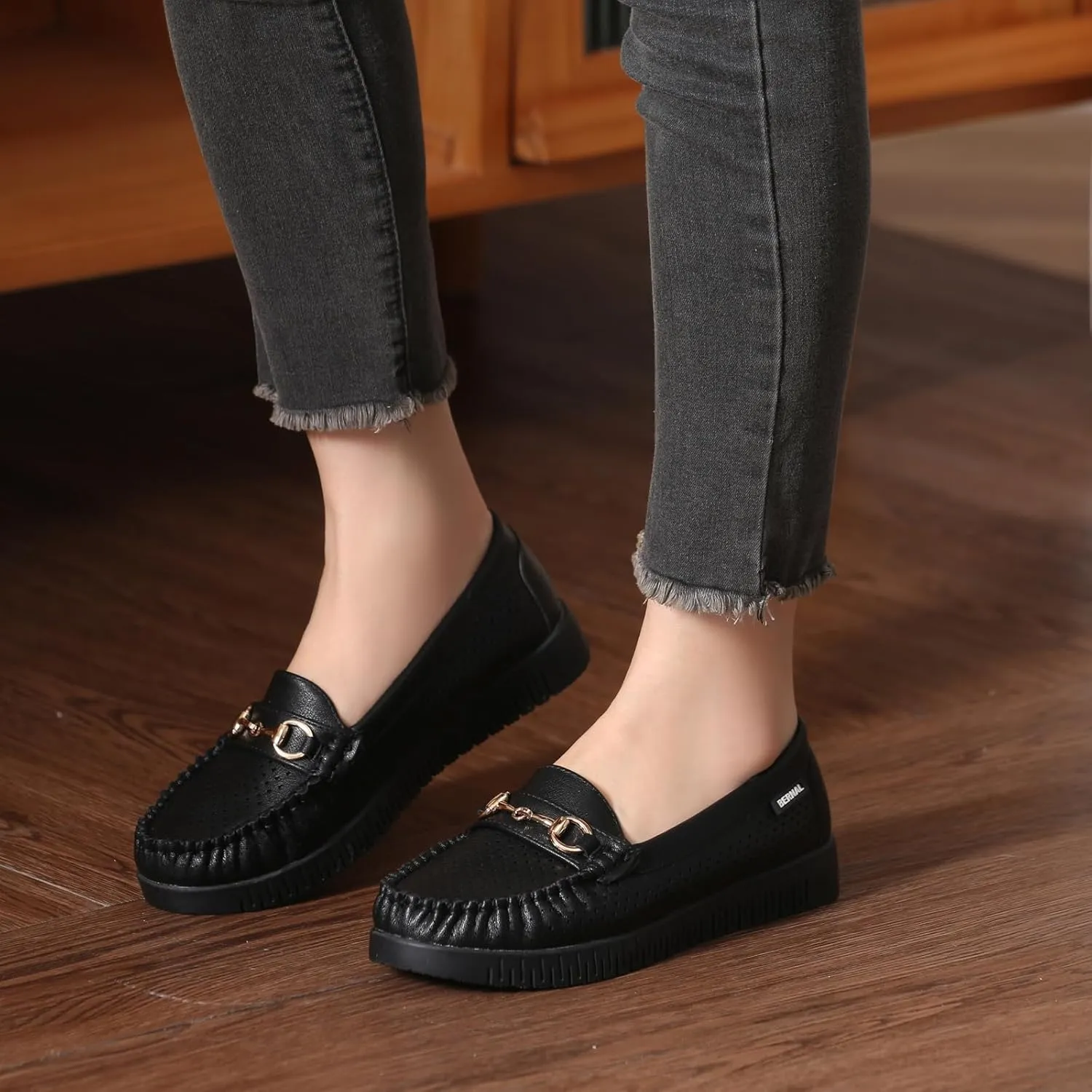 Bernal Loafers for Women Slip On Penny Loafers Hollow Out Breathable Slip On Flat Shoes Work Walking Shoes with Buckle