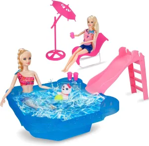 BETTINA Pool Playset - Glam Pool with Slide, Doll Pool Accessories Includes Beach Chair, Beach Umbrella, Dog, Swimming Pool Set for 12 Inch Dolls, Bath Toys for Dolls