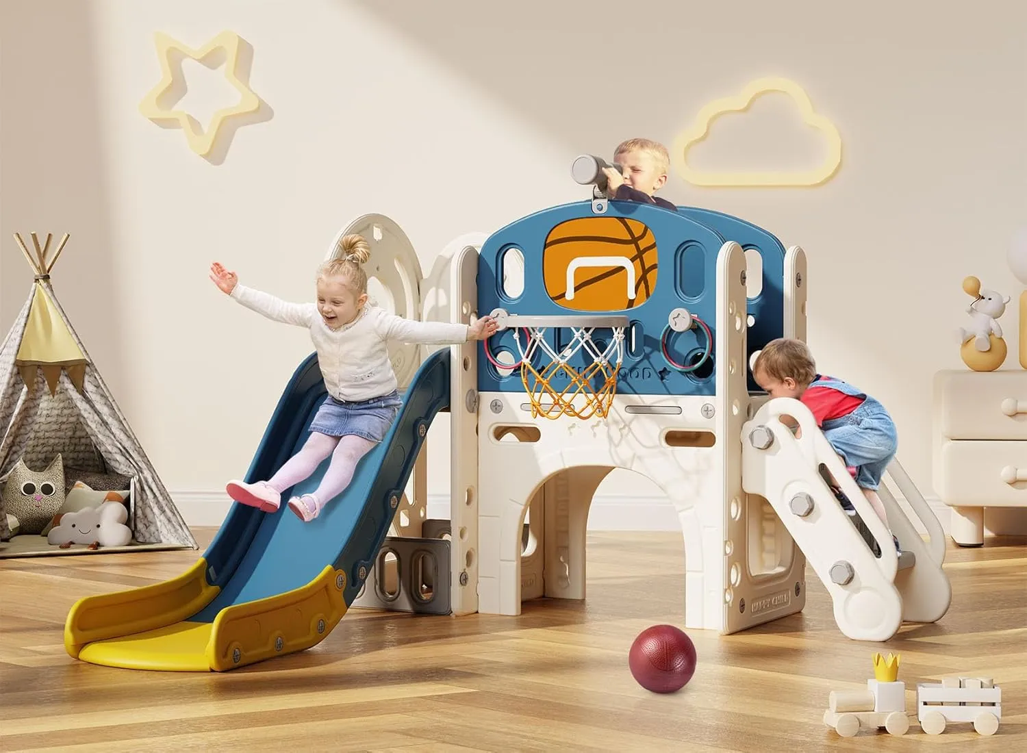 BIERUM 9 in 1 Toddler Slide, Kid Slide for Toddlers Age 1-3 with Ring Toss, Basketball Hoop, and Telescope, Indoor Outdoor Playset Playground Blue Yellow