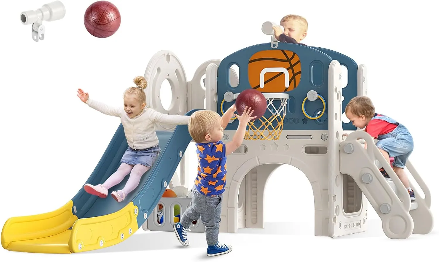 BIERUM 9 in 1 Toddler Slide, Kid Slide for Toddlers Age 1-3 with Ring Toss, Basketball Hoop, and Telescope, Indoor Outdoor Playset Playground Blue Yellow