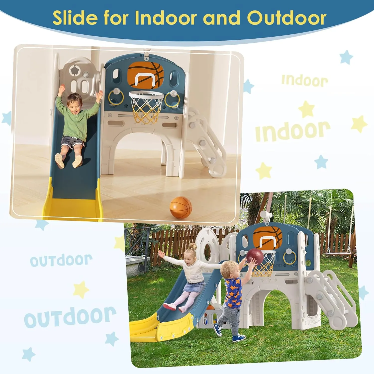 BIERUM 9 in 1 Toddler Slide, Kid Slide for Toddlers Age 1-3 with Ring Toss, Basketball Hoop, and Telescope, Indoor Outdoor Playset Playground Blue Yellow