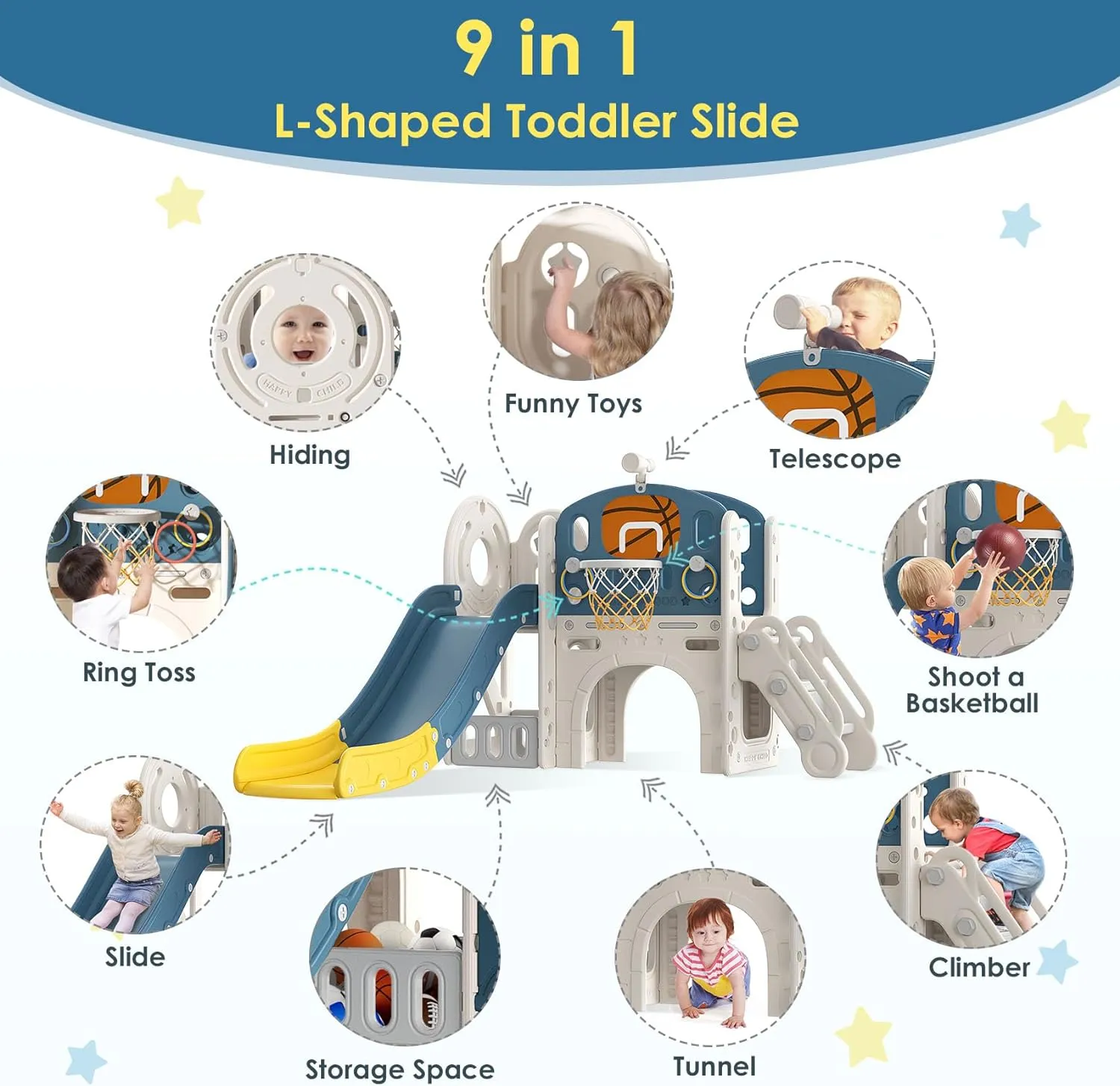 BIERUM 9 in 1 Toddler Slide, Kid Slide for Toddlers Age 1-3 with Ring Toss, Basketball Hoop, and Telescope, Indoor Outdoor Playset Playground Blue Yellow