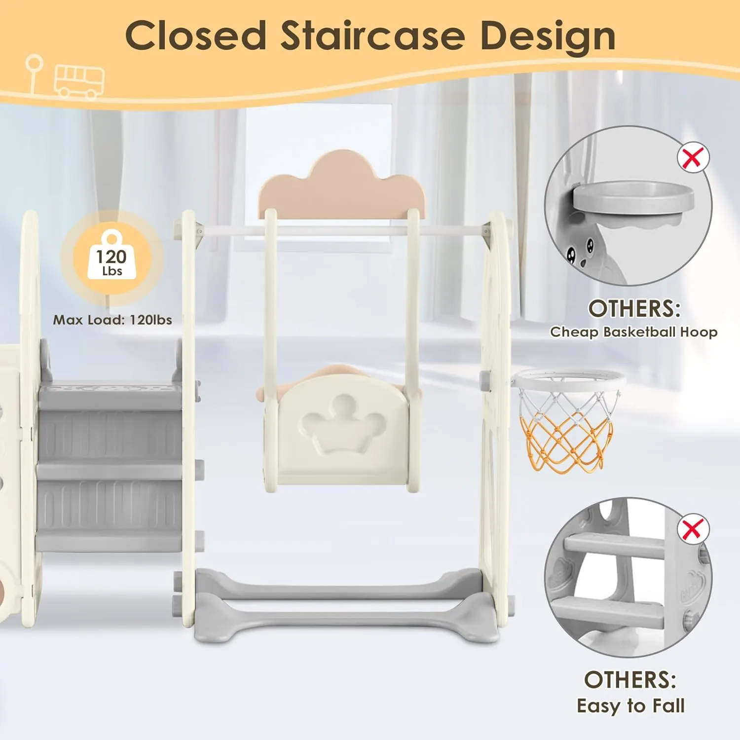 BIERUM Toddler Slide for Toddlers Age 1-3 with Basketball Hoop and Swing, Baby Slide for Kids Ideal Gift, Indoor Outdoor Backyard Playground Beige Coffee