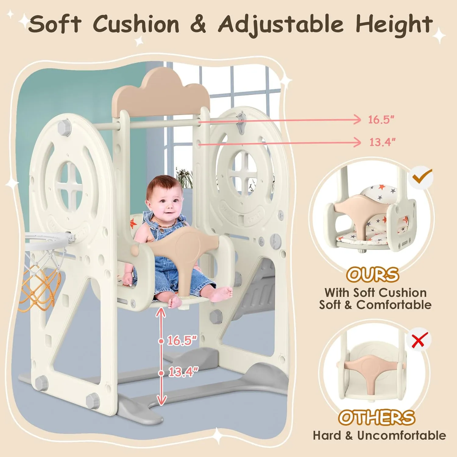 BIERUM Toddler Slide for Toddlers Age 1-3 with Basketball Hoop and Swing, Baby Slide for Kids Ideal Gift, Indoor Outdoor Backyard Playground Beige Coffee