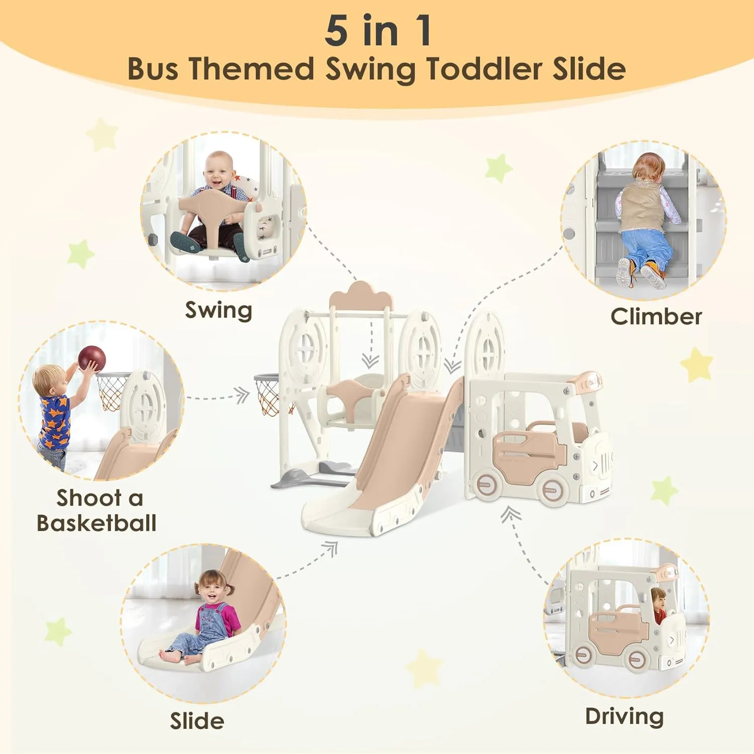 BIERUM Toddler Slide for Toddlers Age 1-3 with Basketball Hoop and Swing, Baby Slide for Kids Ideal Gift, Indoor Outdoor Backyard Playground Beige Coffee