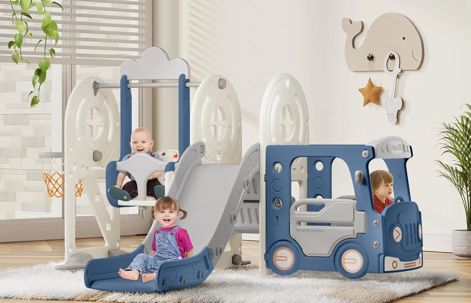 BIERUM Toddler Slide for Toddlers Age 1-3 with Basketball Hoop and Swing, Baby Slide for Kids Ideal Gift, Indoor Outdoor Backyard Playground Blue Gray