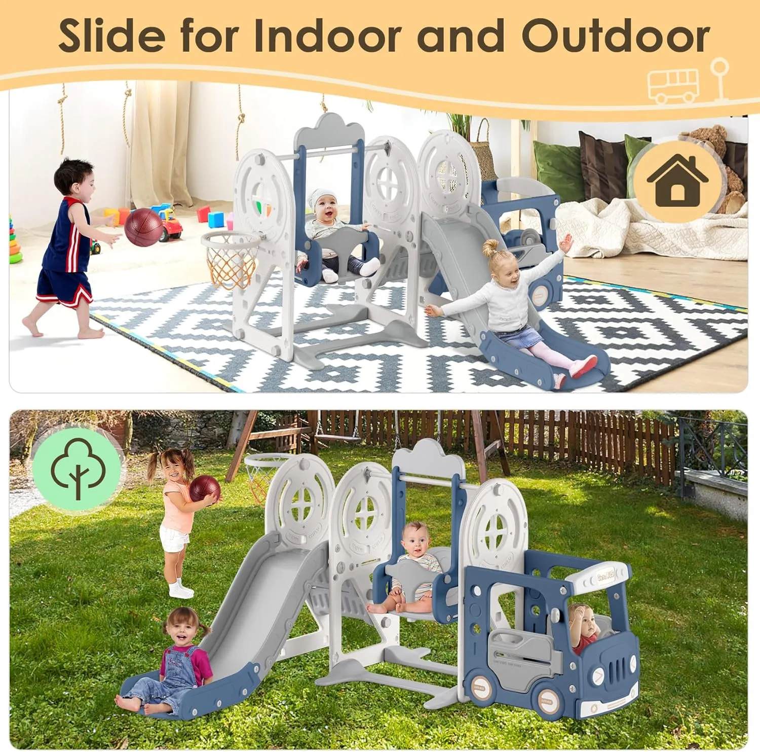 BIERUM Toddler Slide for Toddlers Age 1-3 with Basketball Hoop and Swing, Baby Slide for Kids Ideal Gift, Indoor Outdoor Backyard Playground Blue Gray