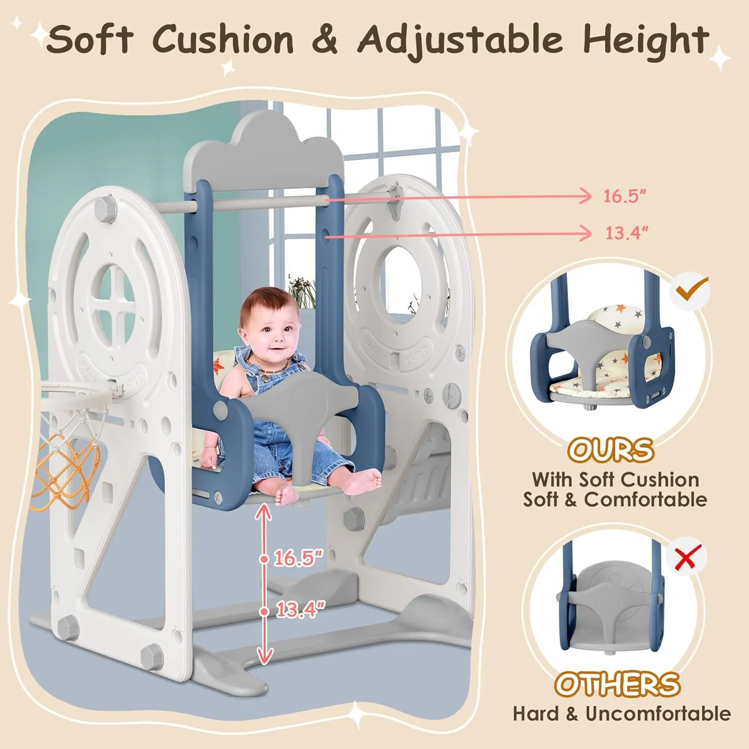 BIERUM Toddler Slide for Toddlers Age 1-3 with Basketball Hoop and Swing, Baby Slide for Kids Ideal Gift, Indoor Outdoor Backyard Playground Blue Gray