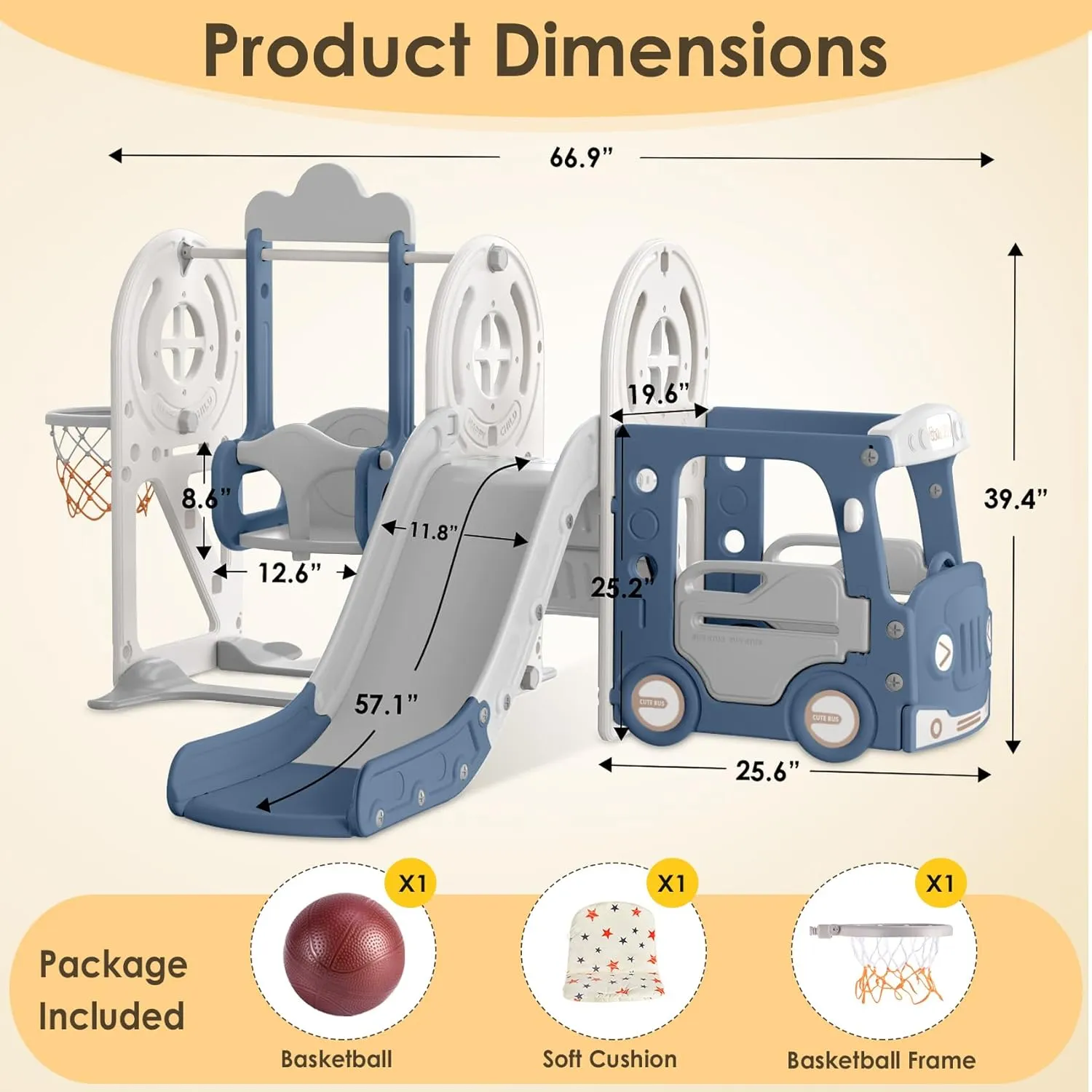 BIERUM Toddler Slide for Toddlers Age 1-3 with Basketball Hoop and Swing, Baby Slide for Kids Ideal Gift, Indoor Outdoor Backyard Playground Blue Gray