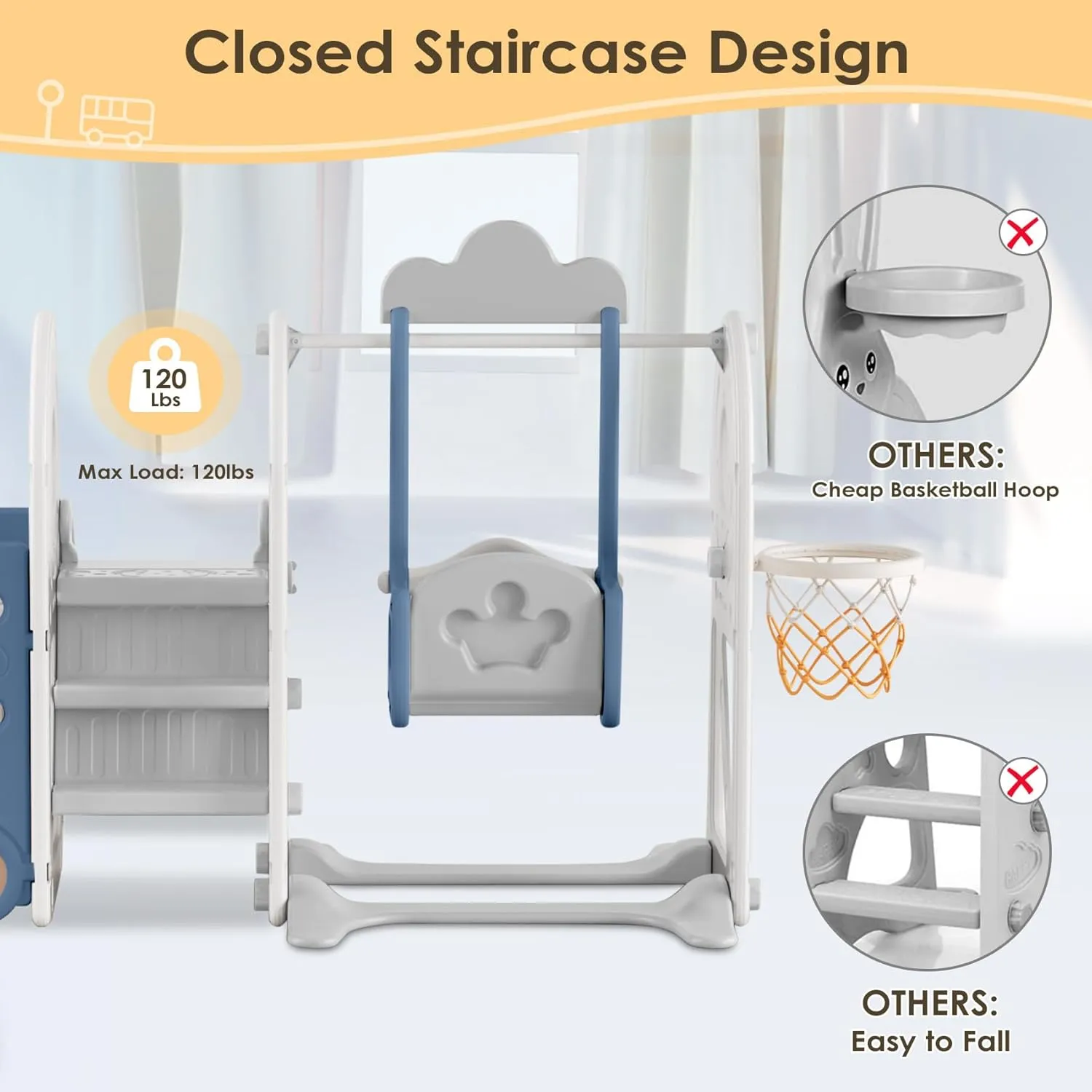 BIERUM Toddler Slide for Toddlers Age 1-3 with Basketball Hoop and Swing, Baby Slide for Kids Ideal Gift, Indoor Outdoor Backyard Playground Blue Gray