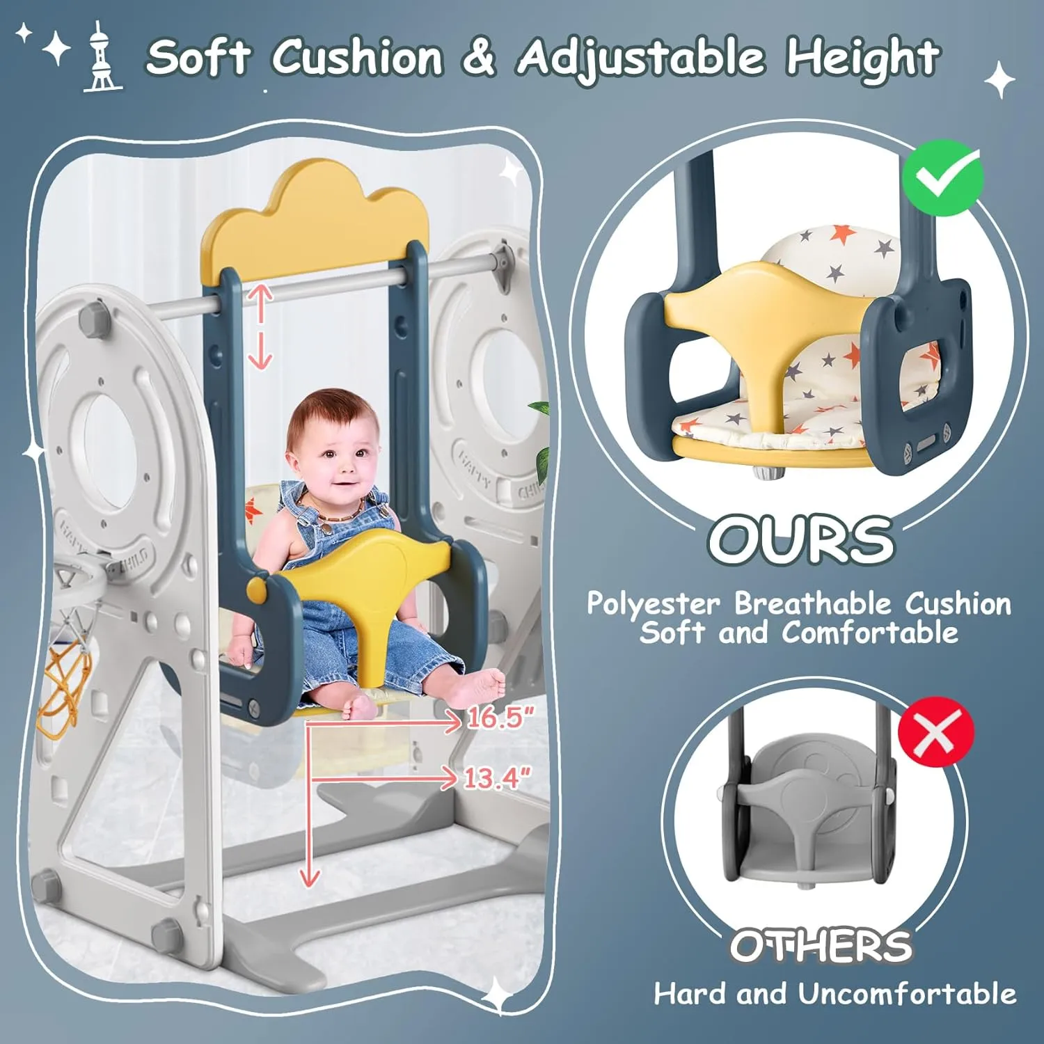 BIERUM Toddler Slide for Toddlers Age 1-3 with Basketball Hoop and Swing, Baby Slide for Kids Ideal Gift, Indoor Outdoor Backyard Playground Blue Yellow