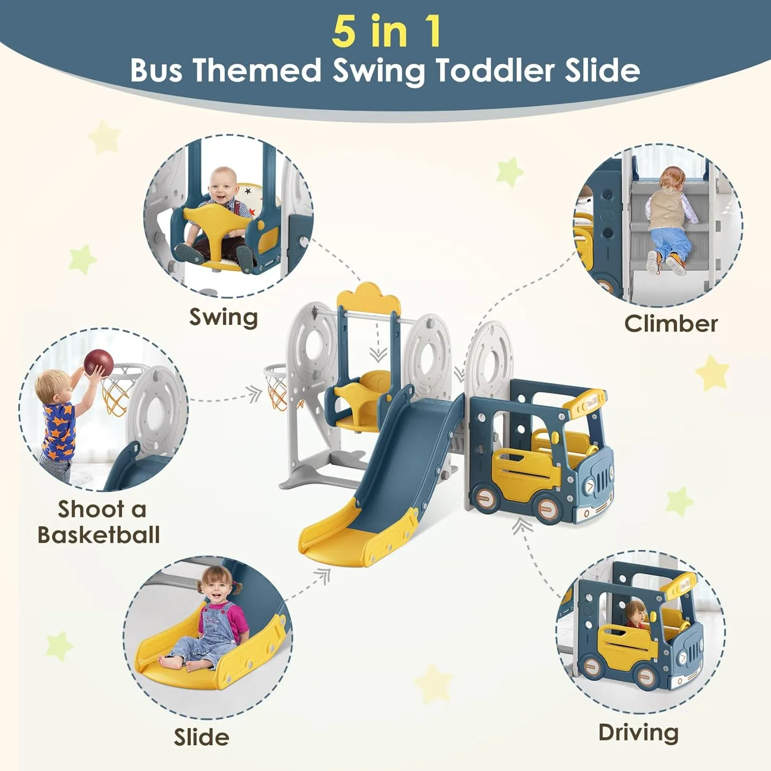 BIERUM Toddler Slide for Toddlers Age 1-3 with Basketball Hoop and Swing, Baby Slide for Kids Ideal Gift, Indoor Outdoor Backyard Playground Blue Yellow