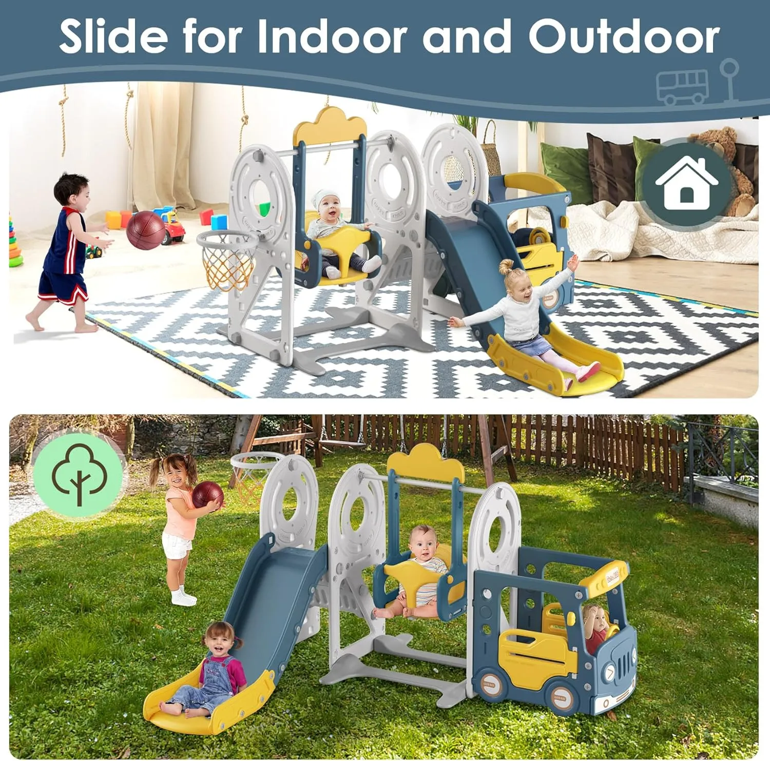 BIERUM Toddler Slide for Toddlers Age 1-3 with Basketball Hoop and Swing, Baby Slide for Kids Ideal Gift, Indoor Outdoor Backyard Playground Blue Yellow