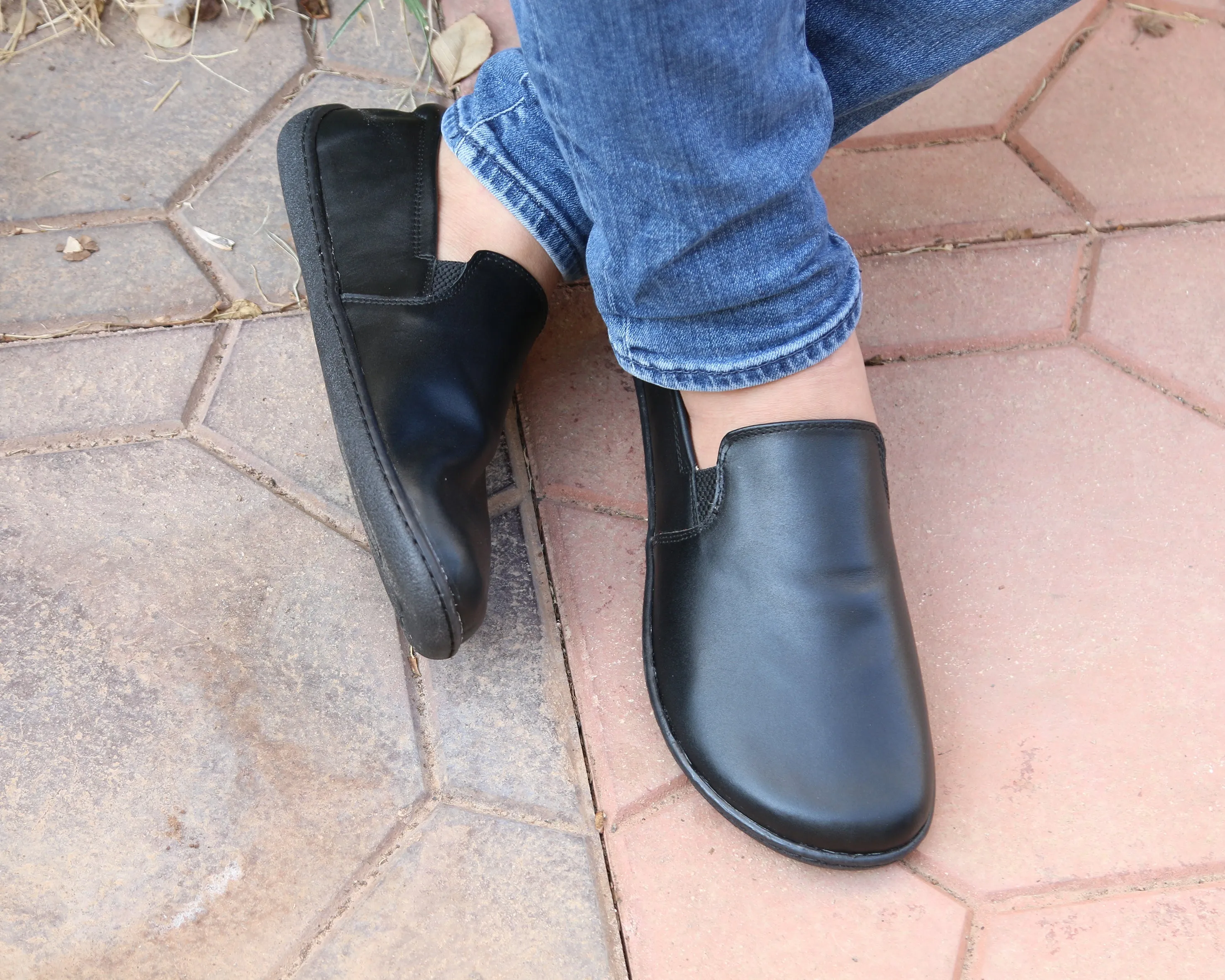 Black Slip-On Wide Barefoot Shoes Smooth Leather Handmade 6mm Rubber Outsole