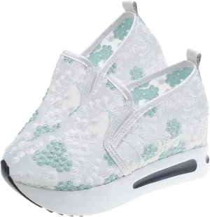 Breathable Mesh Floral Sneakers – Slip-On Platform Wedge Shoes with Arch Support for Walking & Work