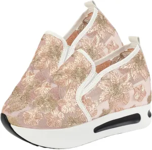 Breathable Mesh Floral Sneakers – Slip-On Platform Wedge Shoes with Arch Support for Walking & Work