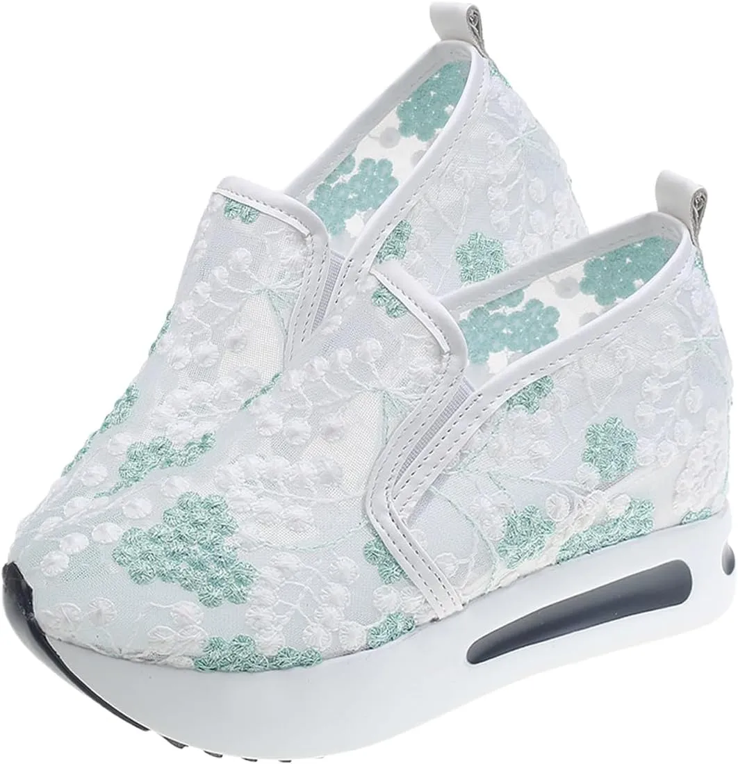 Breathable Mesh Floral Sneakers – Slip-On Platform Wedge Shoes with Arch Support for Walking & Work