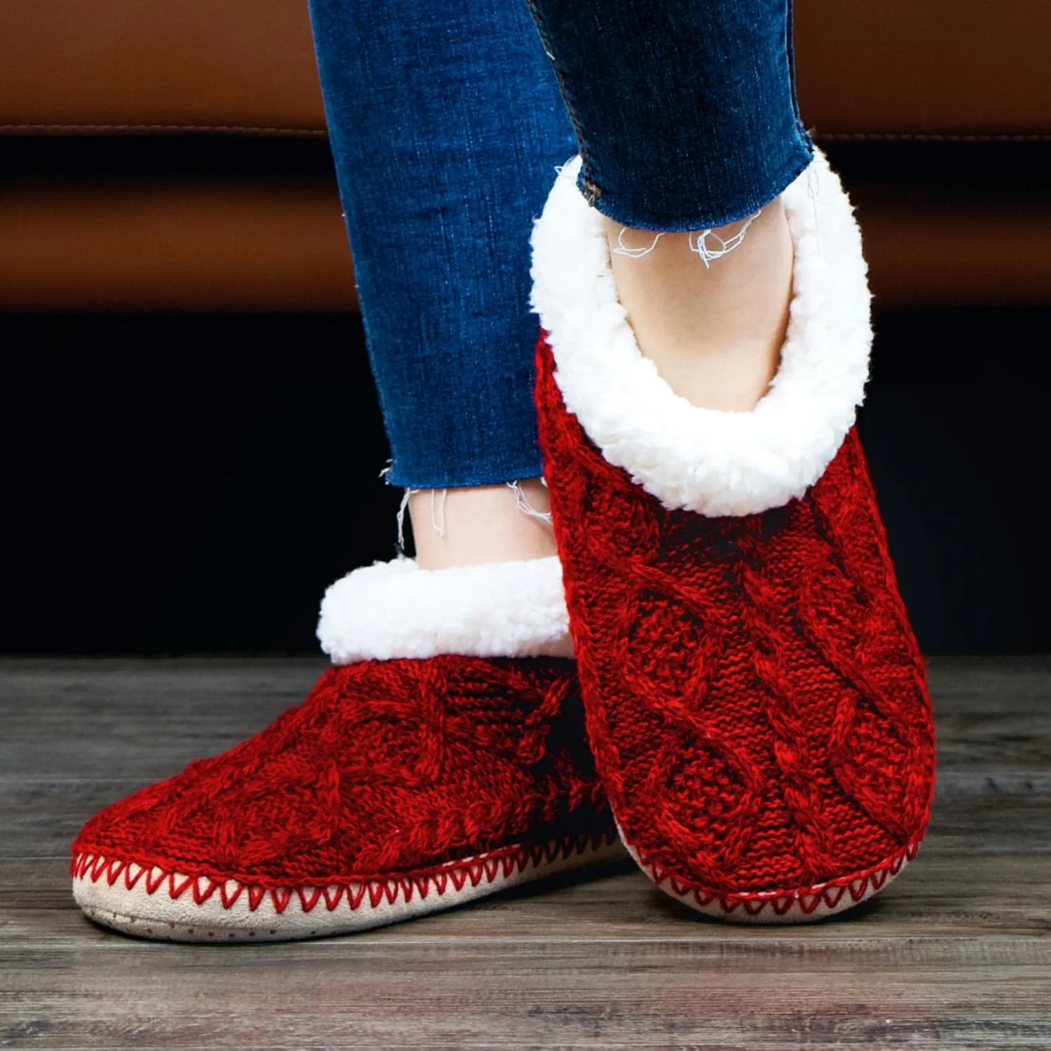 Cable Knit House Slippers for Women Indoor, Sherpa Fleece Lined Soft Loafer Shoes, Winter Warm Fluffy Bedroom Fuzzy Socks Non-slip Grippers, Cozy Gifts Unique