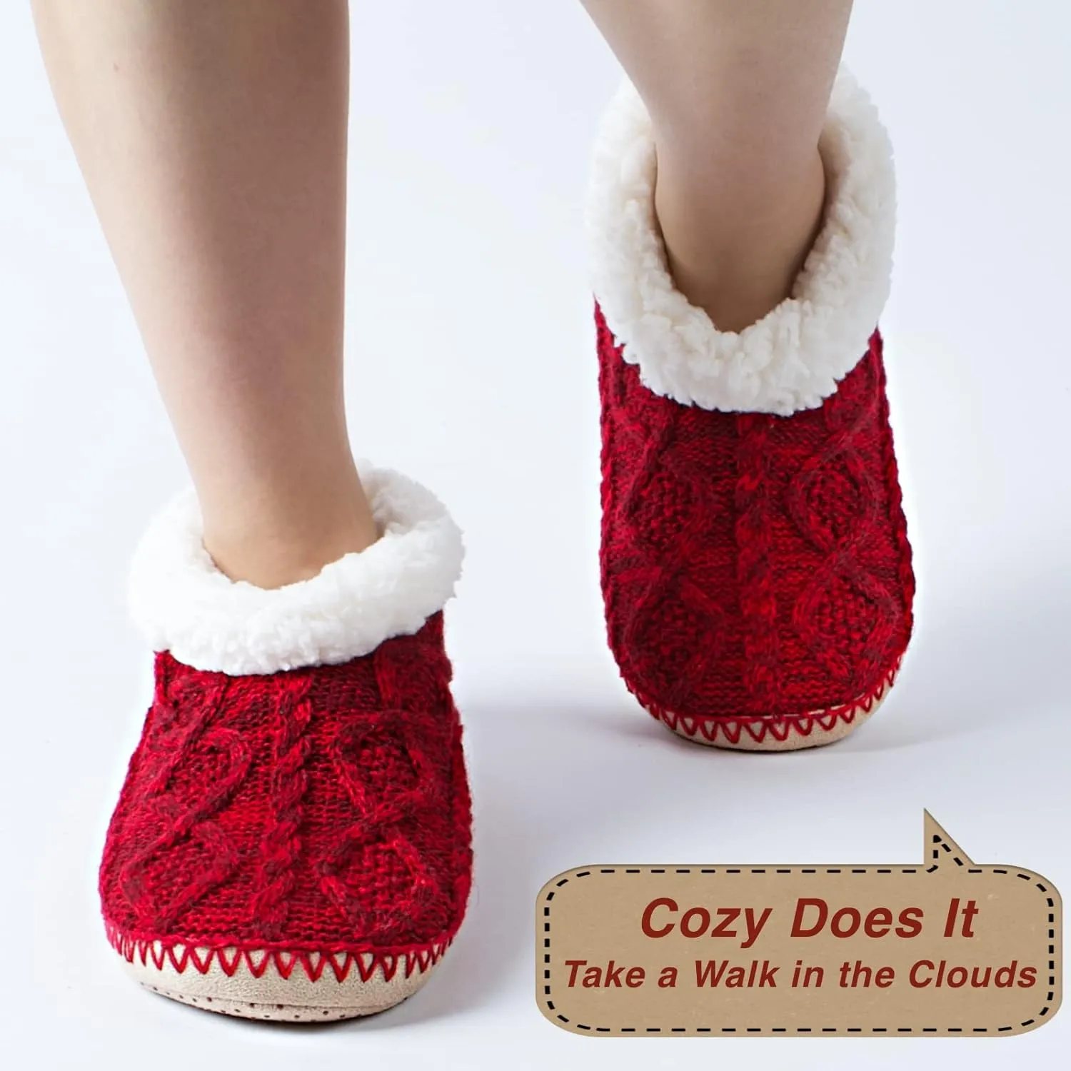 Cable Knit House Slippers for Women Indoor, Sherpa Fleece Lined Soft Loafer Shoes, Winter Warm Fluffy Bedroom Fuzzy Socks Non-slip Grippers, Cozy Gifts Unique