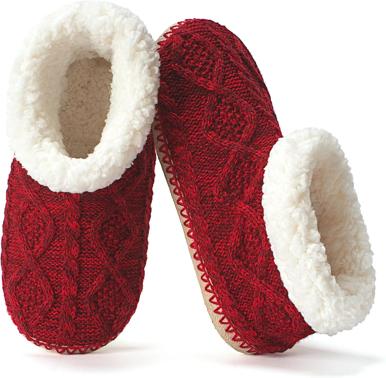 Cable Knit House Slippers for Women Indoor, Sherpa Fleece Lined Soft Loafer Shoes, Winter Warm Fluffy Bedroom Fuzzy Socks Non-slip Grippers, Cozy Gifts Unique