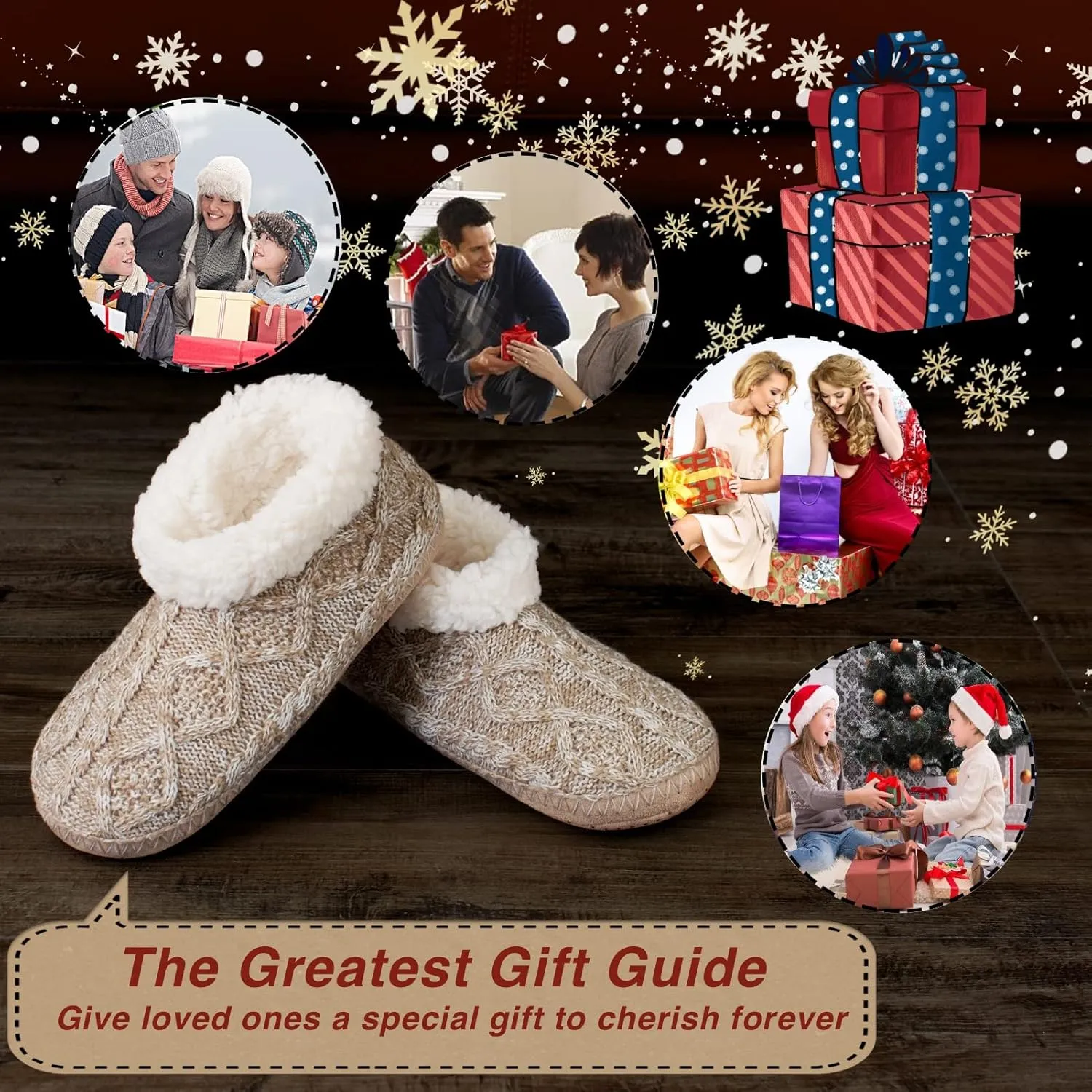 Cable Knit House Slippers for Women Indoor, Sherpa Fleece Lined Soft Loafer Shoes, Winter Warm Fluffy Bedroom Fuzzy Socks Non-slip Grippers, Cozy Gifts Unique