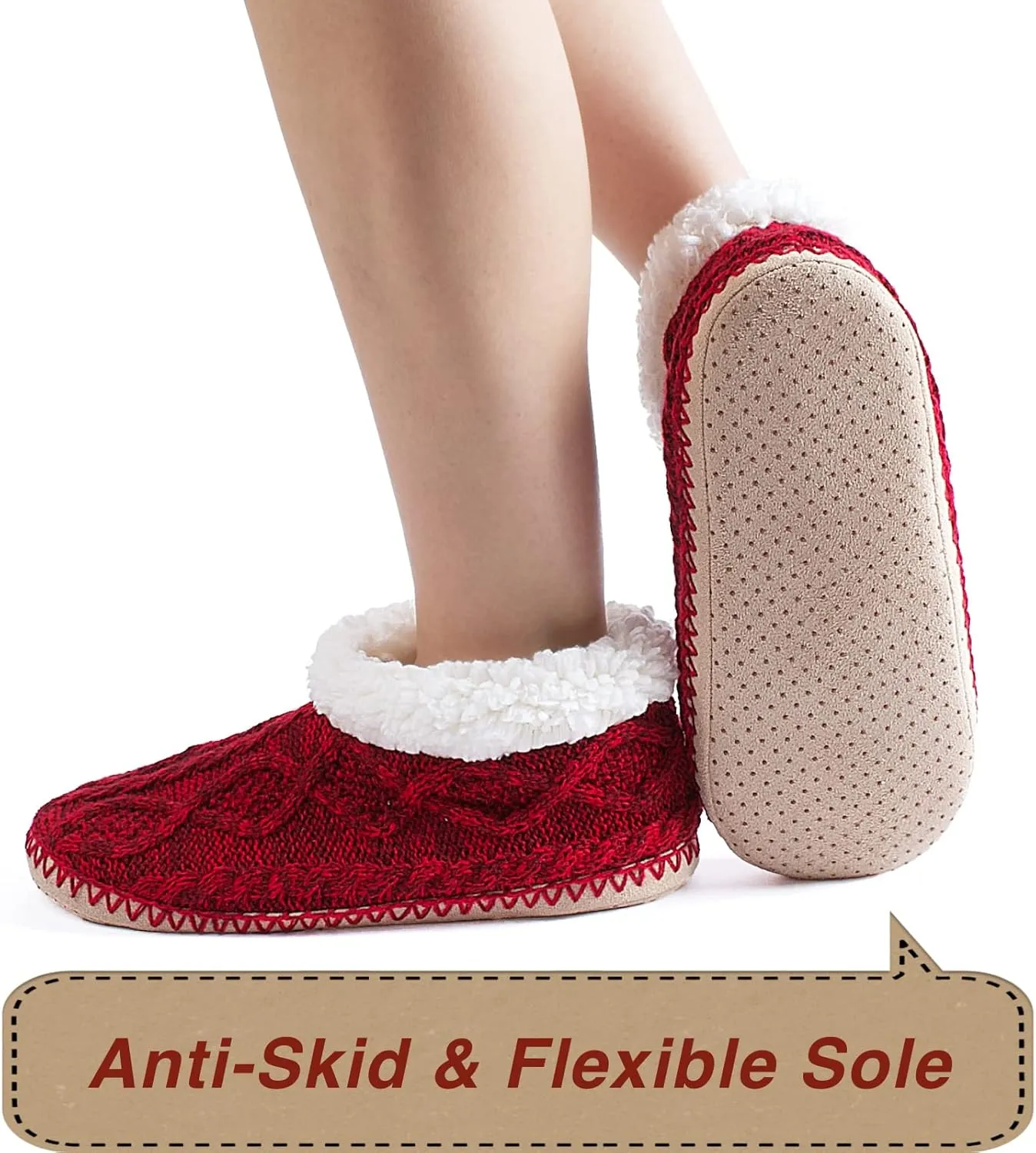 Cable Knit House Slippers for Women Indoor, Sherpa Fleece Lined Soft Loafer Shoes, Winter Warm Fluffy Bedroom Fuzzy Socks Non-slip Grippers, Cozy Gifts Unique