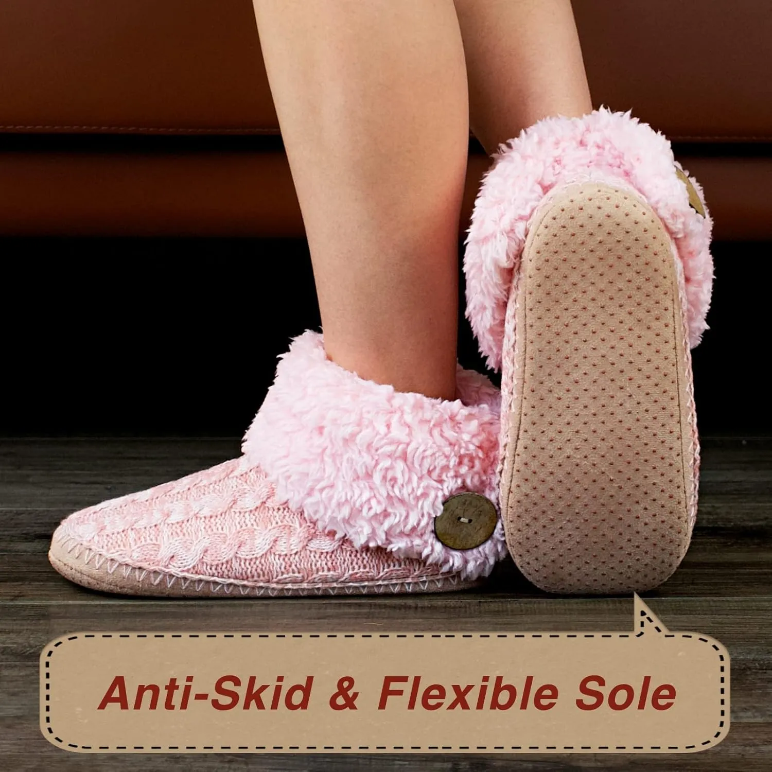 Cable Knit House Slippers for Women Indoor, Sherpa Fleece Lined Soft Loafer Shoes, Winter Warm Fluffy Bedroom Fuzzy Socks Non-slip Grippers, Cozy Gifts Unique
